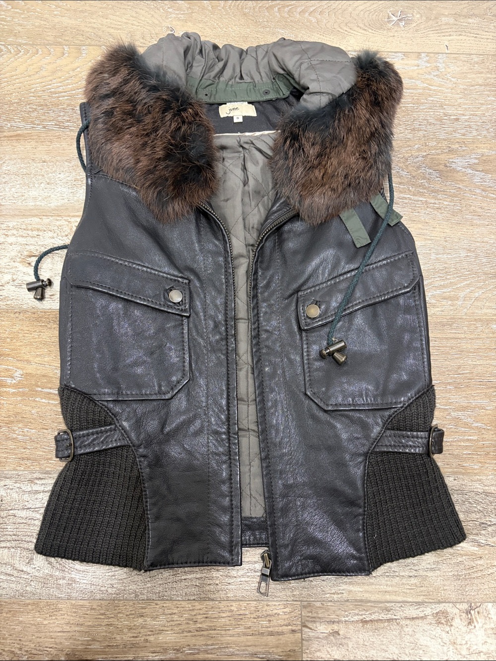 Real Leather & Knit Brown Rabbit Fur-Trim Vest